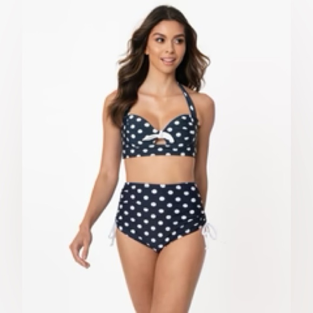 ⭐️NWT Unique Vintage Mrs. West Navy Blue & White Polka Dot Halter Swim Top- Med